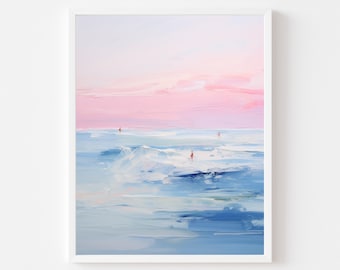 May include: A painting of a seascape with a pink and blue sky and a few figures in the water. The painting is framed in white.