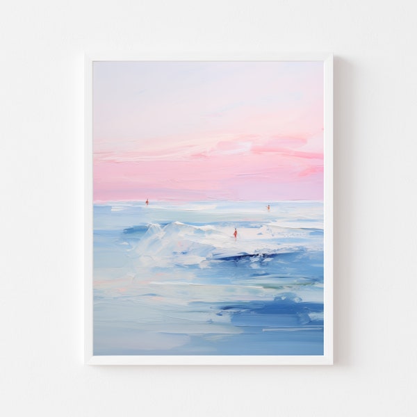 Peinture océan | Coucher de soleil rose | Décoration murale côtière | Maison de plage imprimable | Impression de mer colorée | Aquarelle de surfeur | Téléchargement numérique