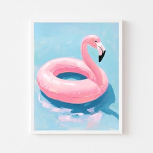 Flamingo Pool Float Painting | Pink Summer Inner Tube Wall Art Print | Beach House Digital Download | Pastel Coastal Girl&#39;s Room Printable