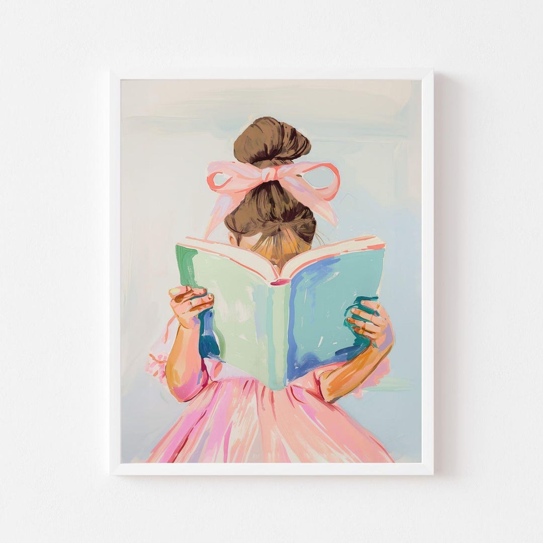 Girl Reading Art Print: Pastel Book Nook, Pink Bow (digital Download ...