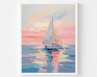 Pink Sailboat Painting | Sunset Art Print | Coastal Wall Decor | Beach House Printable | Summer Ocean Landscape | Seashore Digital Download