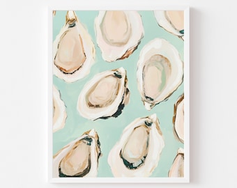 May include: A framed art print featuring a pattern of open oyster shells. The shells are painted in shades of beige and brown, with a touch of black, against a light teal background. The artwork is encased in a white frame.