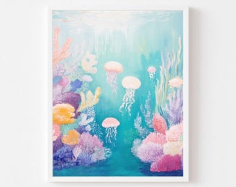 以下が含まれることがあります： サンゴ礁とクラゲが描かれた水中シーンの絵画。サンゴはピンク、パープル、オレンジの色合いです。クラゲは白く半透明で、長い触手があります。背景はターコイズブルーです。
