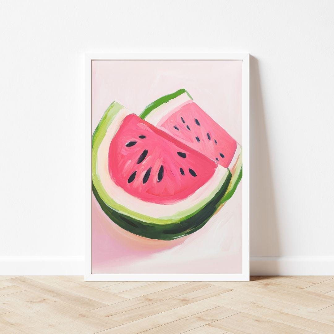 パステルカラーのスイカの絵画：夏のフルーツウォールアート（デジタル