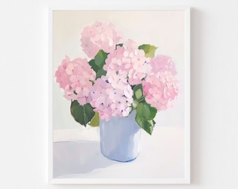 Lámina artística de ramo de hortensias rosas: Naturaleza muerta floral clásica (descarga digital)
