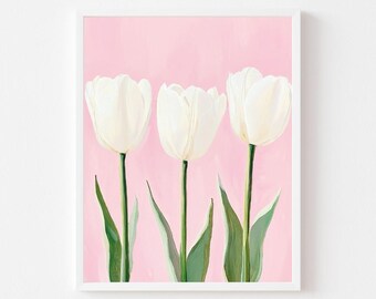 May include: Three white tulips with green stems and leaves on a pink background.