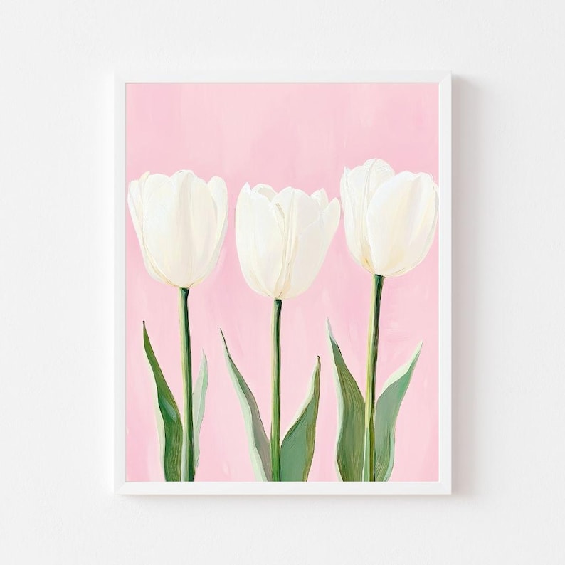 May include: Three white tulips with green stems and leaves on a pink background.