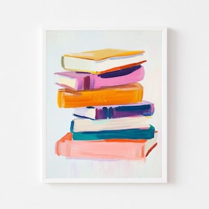 Pode incluir: Uma pilha de livros coloridos sobre um fundo azul claro. Os livros são pintados em tons de rosa, laranja, amarelo, azul e roxo.