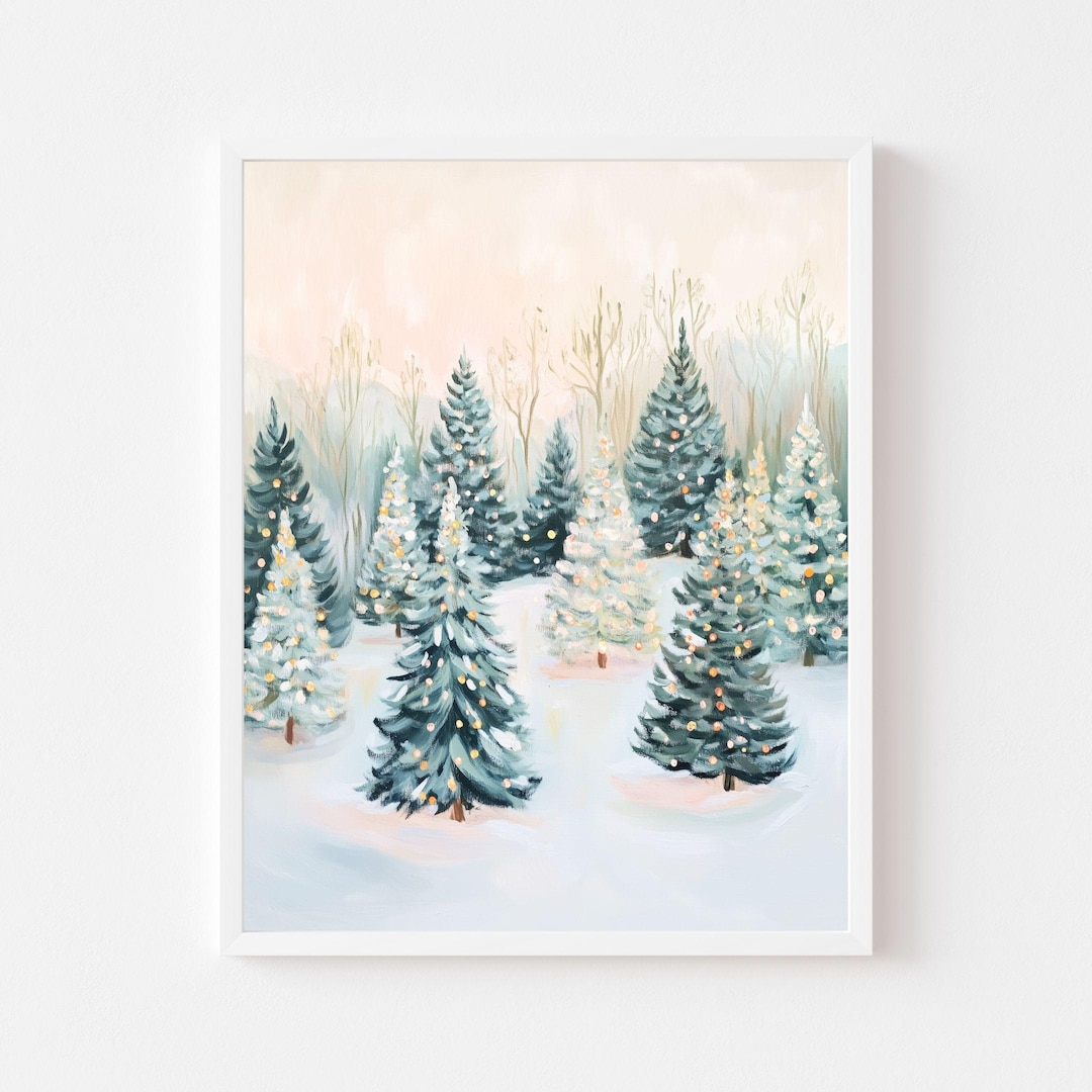 Snowy Christmas Tree Forest Art Print: Pastel Winter Landscape (digital ...