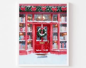 Red Christmas Book Shop Art Print: Snowy Winter Store Front (Printable Digital Download)
