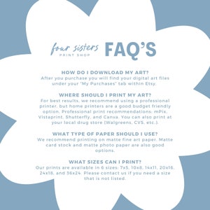 Peut inclure: Un graphique bleu et blanc avec le texte "four sisters print shop FAQ'S" et des informations sur le t&eacute;l&eacute;chargement, l'impression et le dimensionnement des impressions d'art.