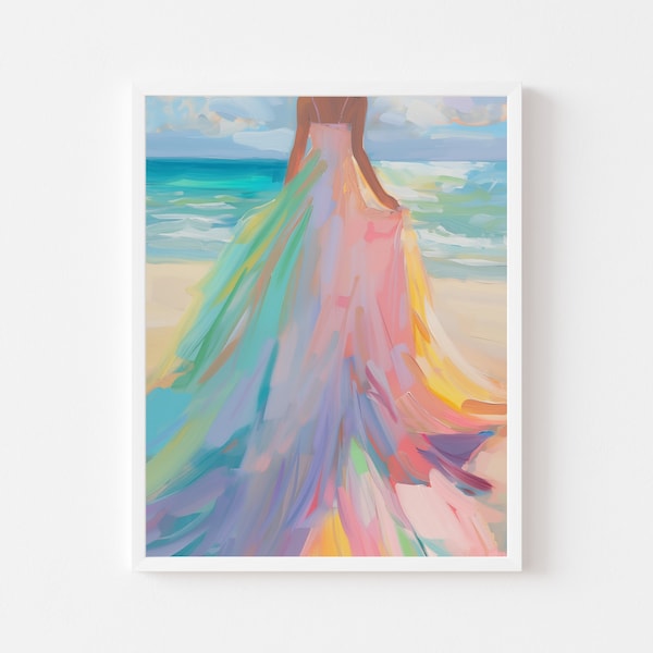 Woman in Colorful Dress Seascape Painting | Summer Fashion Wall Art | Pastel Beach House Digital Download | Rainbow Gown Ocean Printable