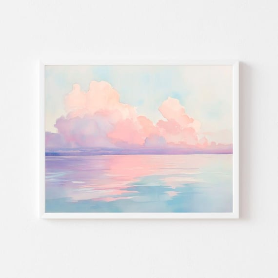 ピンクの夕焼けの海景水彩画：パステル調の海岸アート（デジタル
