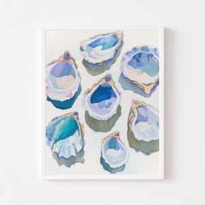 May include: A watercolor painting of eight oyster shells in various shades of blue, green, and purple. The shells are arranged in a random pattern on a white background.
