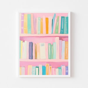 Pastel Girl's Bookshelf Painting | Pink Reading Nook Wall Art Print | Colorful Library Digital Download | Girly Rainbow Book Lover Printable