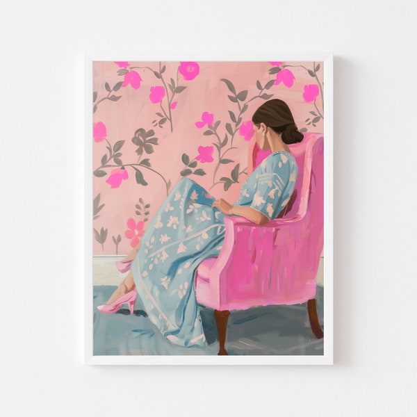 Woman in Blue Dress Fashion Painting | Pink Vintage Floral Wall Art Print | Colorful Retro 50s Printable | Anthro Inspired Digital Download