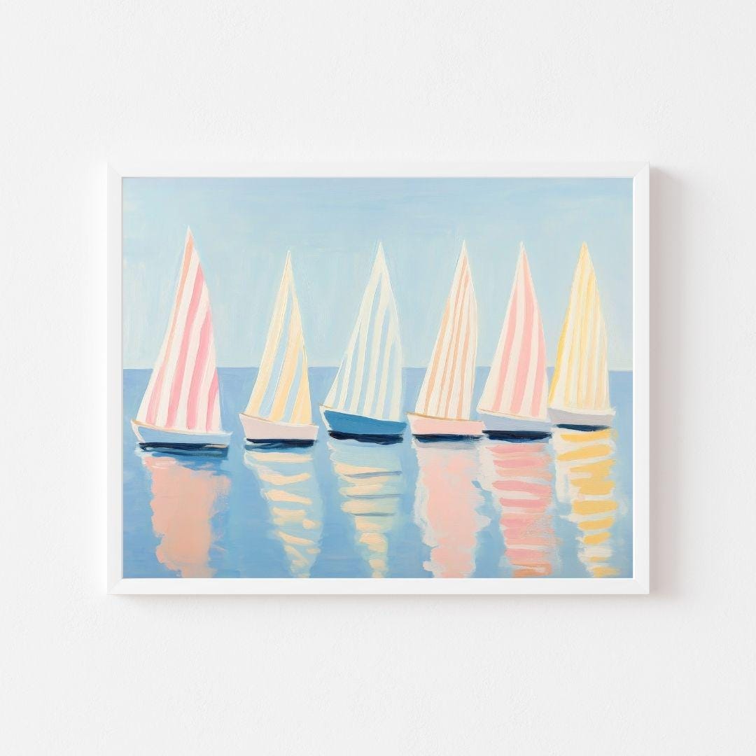 Pastel Striped Sailboats Painting | Colorful Seascape Wall Art Print | Nautical Beach House Printable | Coastal Summer Boat Digital Download