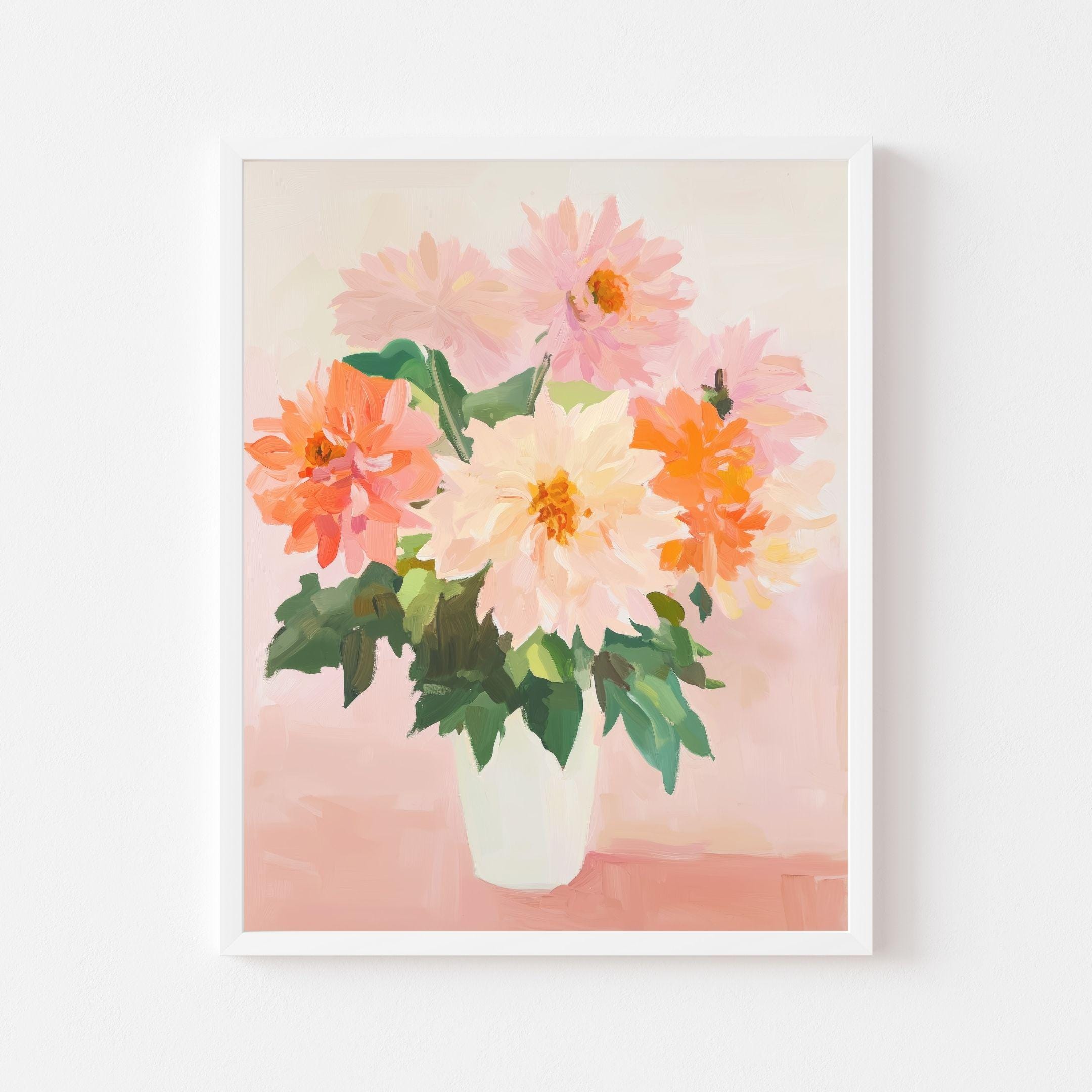 花瓶に生けられたダリアの絵画：ヴィンテージ風の秋のフローラル