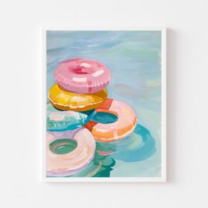 Colorful Inner Tube Painting | Pastel Summer Pool Float Wall Art Print | Beach House Digital Download | Girly Coastal Apartment Printable
