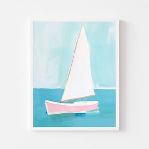 Vibrant Pink Sailboat Painting | Coastal Boat Wall Art Print | Nautical Beach House Digital Download | Colorful Summer Girl&#39;s Room Printable