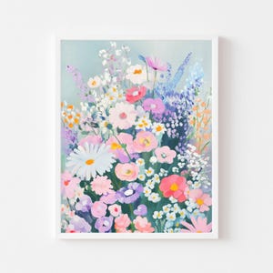 Vintage Wildflowers Painting | Pastel Floral Wall Art Print | Pink Tween Girl&#39;s Room Digital Download | Colorful Flower Meadow Printable