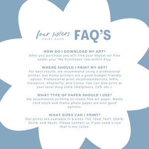 Puede incluir: Un gr&aacute;fico azul y blanco con el texto "four sisters PRINT SHOP FAQ'S" e informaci&oacute;n sobre la descarga, impresi&oacute;n y el tama&ntilde;o de las impresiones de arte digitales.