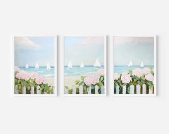 Sailboat Hydrangea Triptych Art Set, Coastal Beach House Wall Decor (Digital Download)