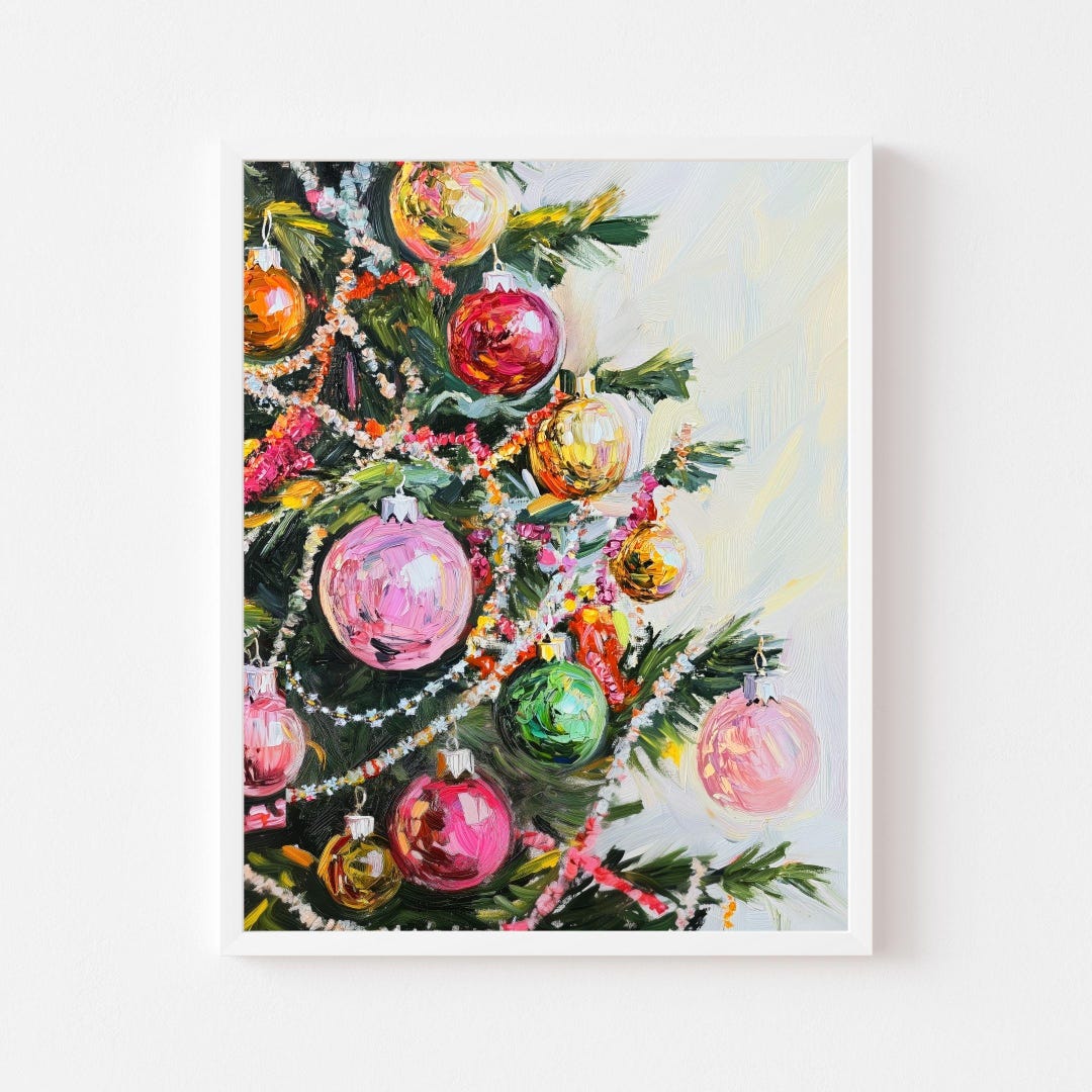 Christmas Tree With Tinsel and Beads Art Print: Retro Ornaments ...