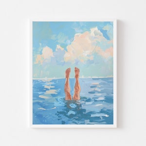 May include: A painting of a person's legs sticking up out of the water with a blue sky and white clouds in the background.