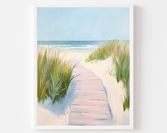 May include: A painting of a wooden walkway leading to a beach with blue water and white sand. Green grass grows on either side of the path.