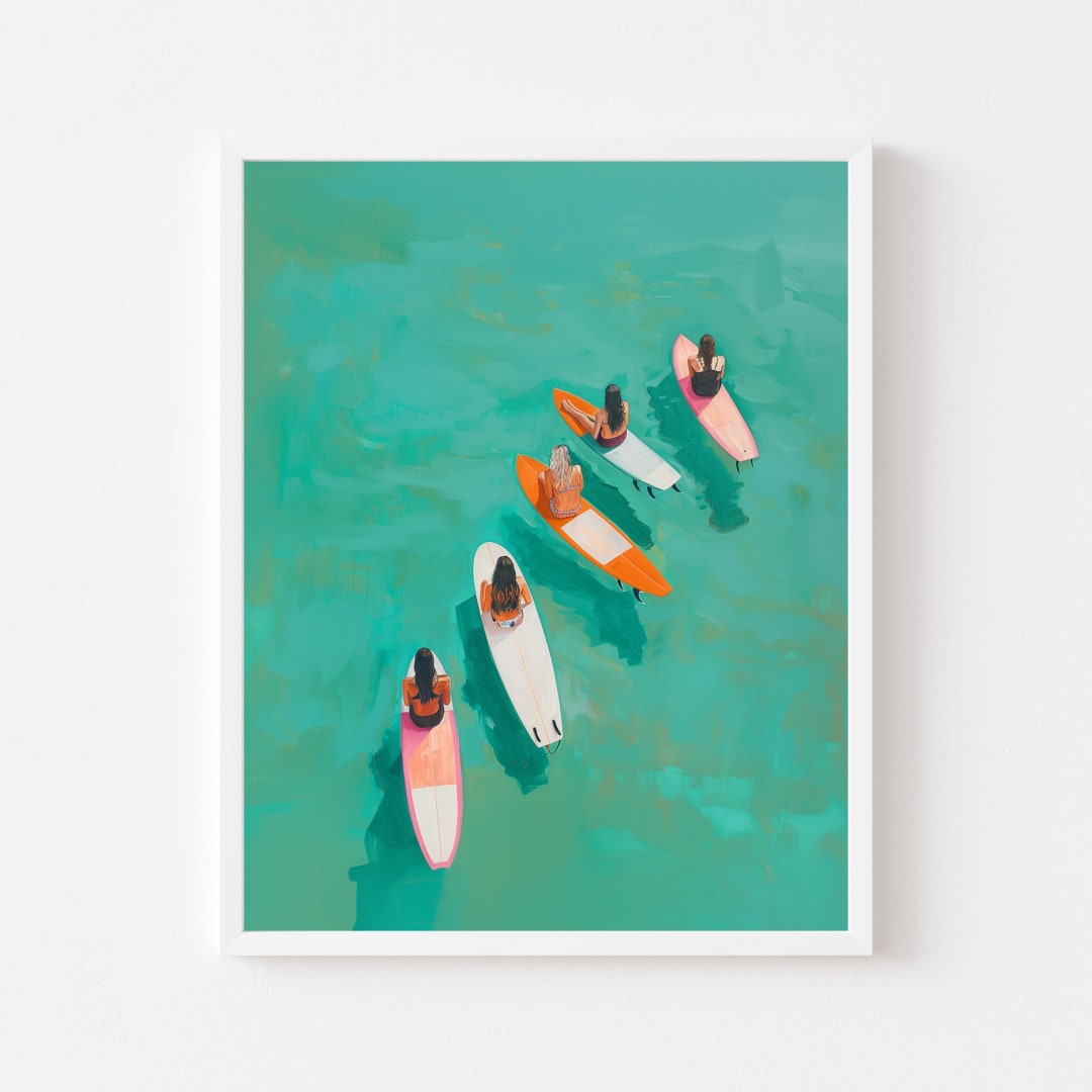 Above Prin Aerial Surfer Girls Print: Turquoise Ocean, Neon Surfboards (digital ...