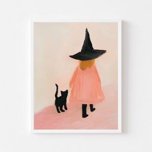 黒猫の絵を描いたピンクの魔女の女の子 | ホーカス ポーカス ウォール アート プリント | 女の子の部屋用ハロウィーン プリント | 不気味でかわいいデジタル ダウンロード