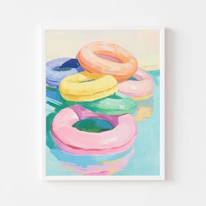 Pastel Pool Float Painting | Colorful Summer Inner Tube Wall Art Print | Beach House Digital Download | Preppy Coastal Girl&#39;s Room Printable