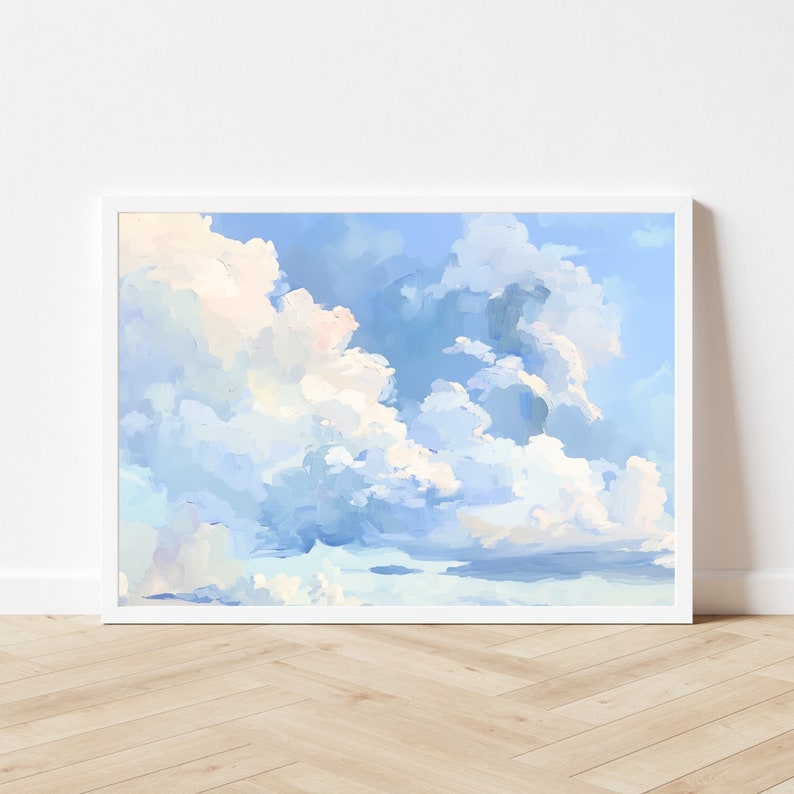Puede incluir: Una pintura de un cielo azul con nubes blancas y esponjosas. Las nubes est&aacute;n pintadas en un estilo suelto e impresionista, lo que le da a la pintura una sensaci&oacute;n suave y de ensue&ntilde;o.