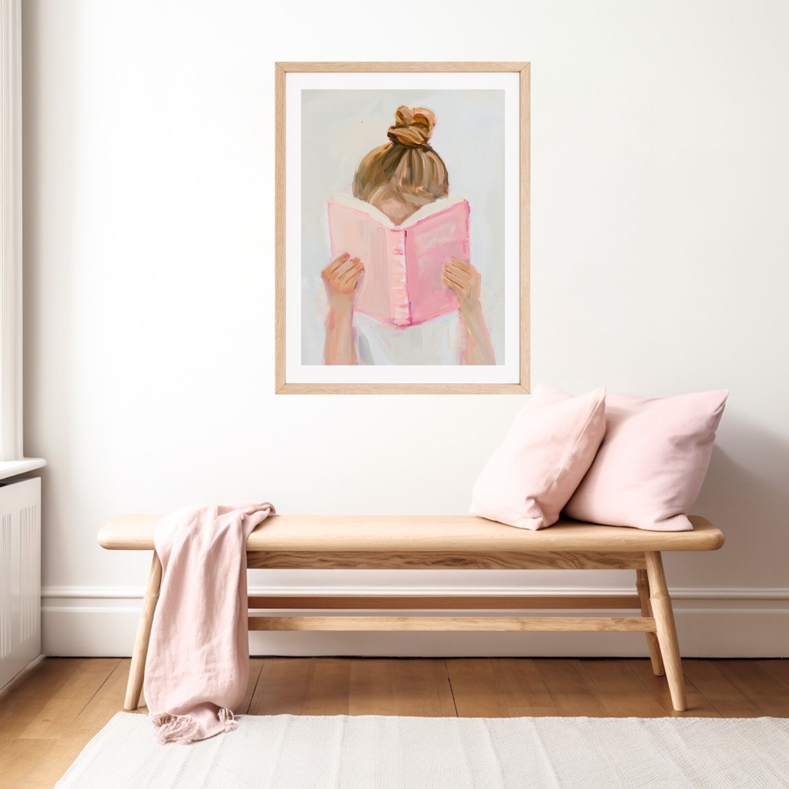 Girl Reading Pink Book Art Print: Pastel Library Painting (digital ...