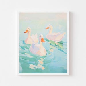 Pastell Enten Schwimmen Gemälde | Bunte Vögel Wand Kunst | Kinderzimmer Kinderzimmer Digitaler Download | Lebendiges Aquarell Tier zum Ausdrucken