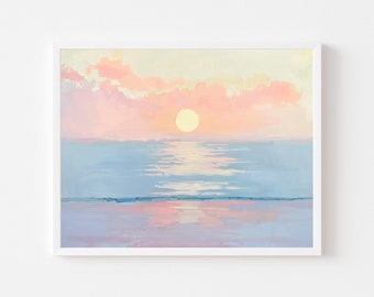 May include: A painting of a sunset over the ocean. The sky is a soft pink and yellow, and the sun is a bright yellow circle. The water is a light blue, and there are reflections of the sun on the surface.