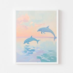 Pastelkleuren dolfijnen: kleurrijk muurdecor kust (digitale download)