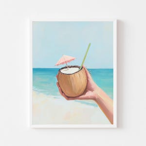 ココナッツカクテルの絵画 | パステルカラーのピニャコラーダのウォールアートプリント | トロピカルドリンクのデジタルダウンロード | 海岸沿いのビーチハウスのバーカートの印刷物