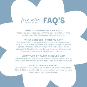 Puede incluir: Un gr&aacute;fico azul y blanco con el texto "four sisters print shop" y "FAQ'S" en una fuente grande. El gr&aacute;fico proporciona informaci&oacute;n sobre la descarga de arte digital, recomendaciones de impresi&oacute;n, tipos de papel y tama&ntilde;os de impresi&oacute;n disponibles.