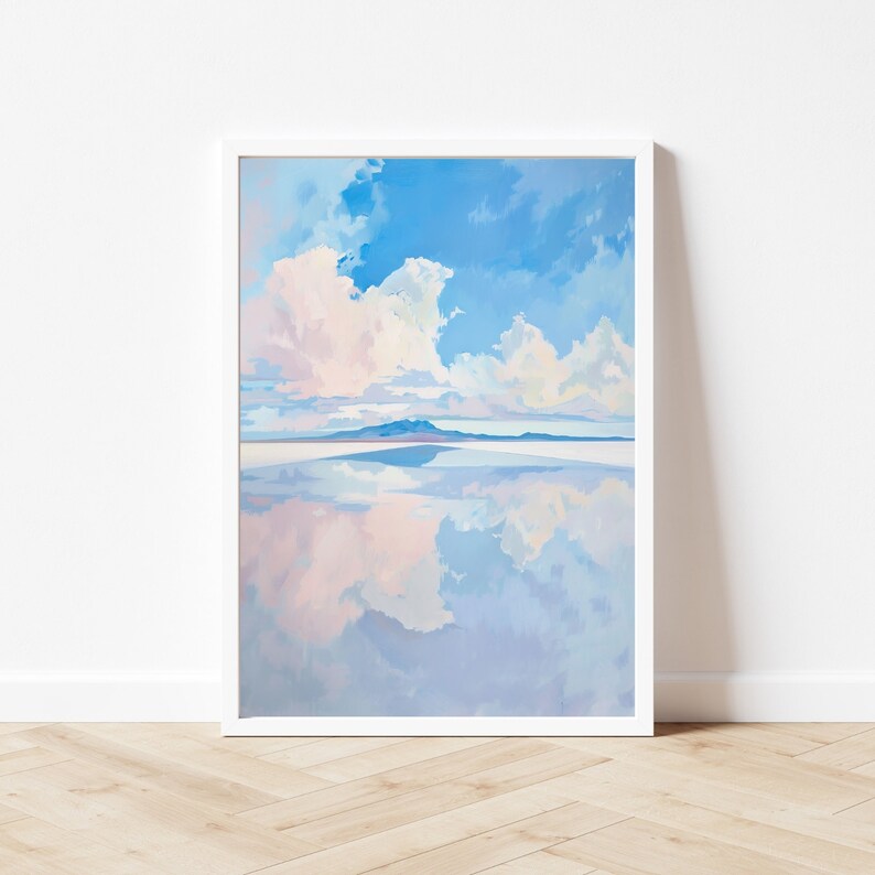 May include: A painting of a blue sky with fluffy white clouds reflected in a still body of water. The water is a light blue color and the clouds are reflected in the water.
