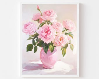 Pink Roses in Pink Vase Painting: Pastel Valentine's Day Floral Print (Digital Download)