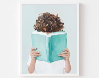 Niño leyendo un libro azul. Lámina artística en tonos pastel (descarga digital).