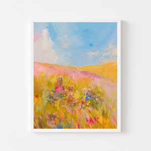 Blonde Girl and Brown Dog Painting | Colorful Heaven Wall Art Print | Pink Wildflower Meadow Puppy Printable | Pastel Pet Digital Download