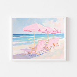May include: A painting of a beach scene with four pink umbrellas and four pink lounge chairs. The chairs are facing the ocean, which is painted in shades of blue and green. The sky is a light blue with white clouds.