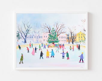 May include: A watercolor painting of a winter scene with people ice skating on a frozen pond. A large Christmas tree is in the center of the pond, and there are buildings in the background. The sky is blue and there are trees on either side of the pond.
