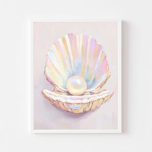 May include: A pearl sits inside a large, iridescent seashell. The shell is open and the pearl is in the centre. The background is a soft pink.