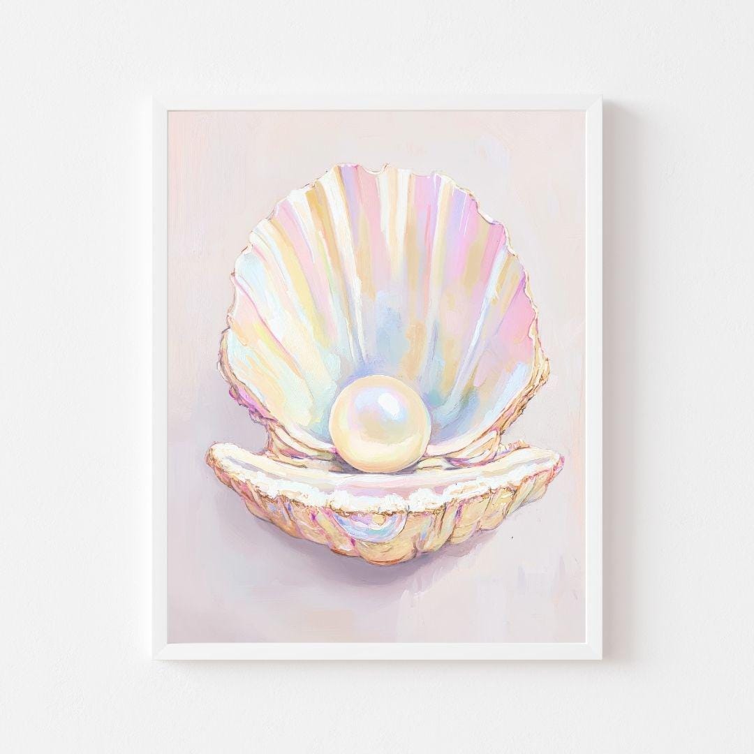 Pastel Pearl in Shell Painting | Coastal Seashell Wall Art Print | Mermaid Girls' Room Printable | Beach House Oyster Digital Download