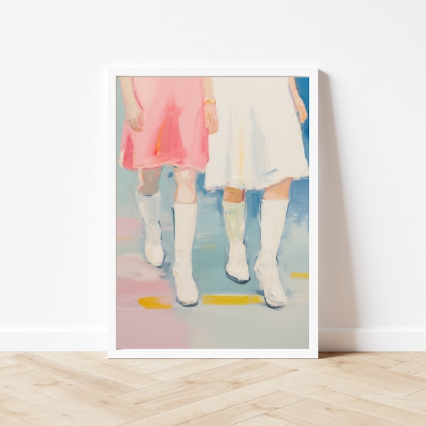Peinture de mode de bottes blanches rétro | Impression d'art mural pastel rose | Téléchargement numérique tendance girly | Robes colorées pour appartement dans un dortoir imprimable