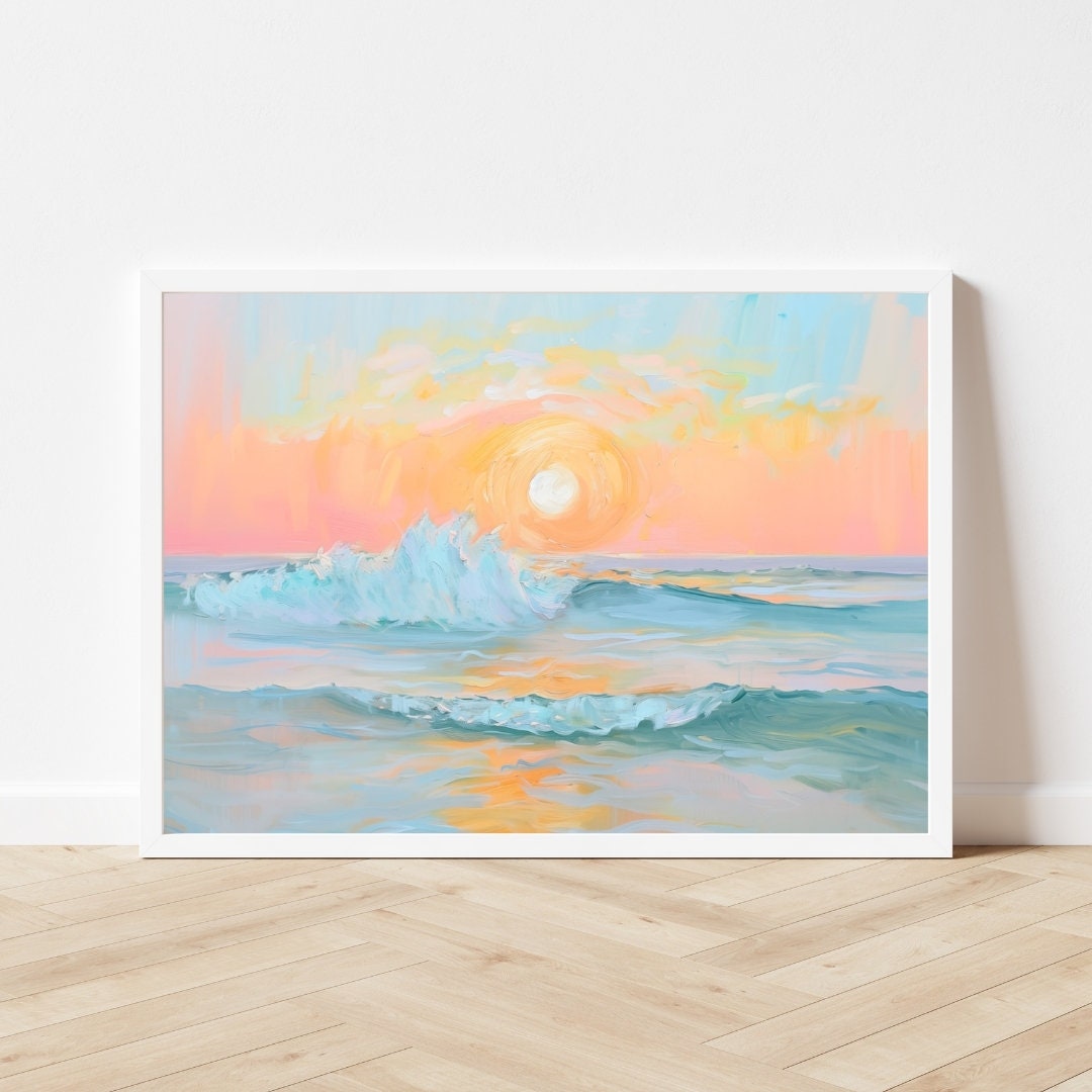 パステルカラーの海の風景 | オレンジ色の海岸の夕焼けの絵画
